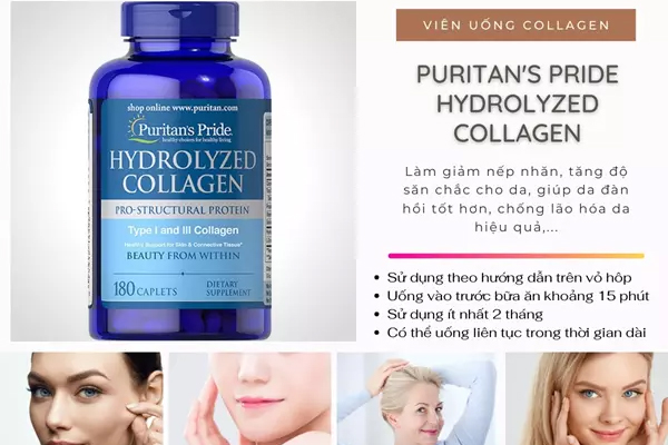 Collagen thủy phân Puritan’s Pride 1000mg hỗ trợ chăm sóc da và tóc